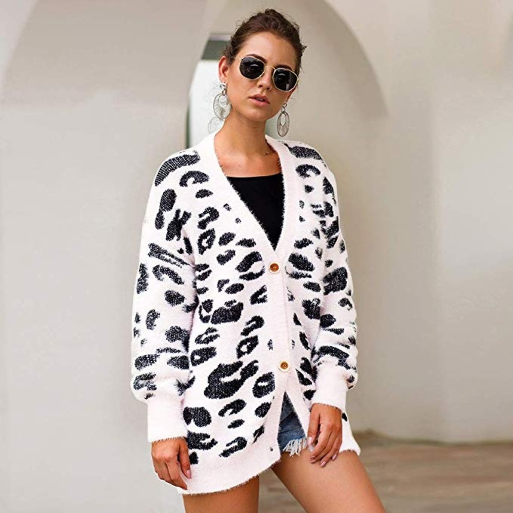 Loose Knit White Leopard Cardigan Womens - Picture 3 of 4